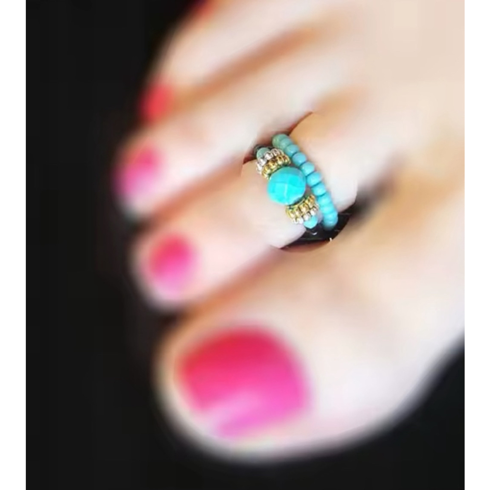 NEW‎ Festival Handmade 2Pc Turquoise Gold Beaded Stretch Toe Finger Rings